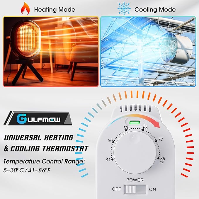 Plug in Thermostat for Heater, Thermostat Plug Outlet with 4.9FT Power Cord, Heating and Cooling Thermostats Outlet with Temperature Probe for Space Heater, Greenhouse Fan(White,1 Pcs)