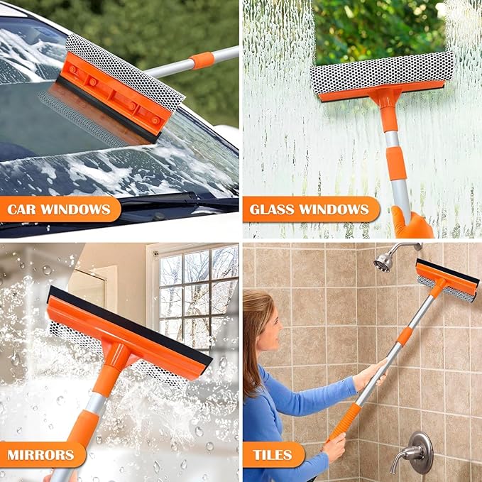 ARTIPOLY Squeegee for Window | 2-in-1 Window Cleaner Sponge and Soft Rubber Strip with Telescopic Extension Pole 18”-29” | Window Washer for Shower, Car Windshield, Mirror, Glass Cleaning