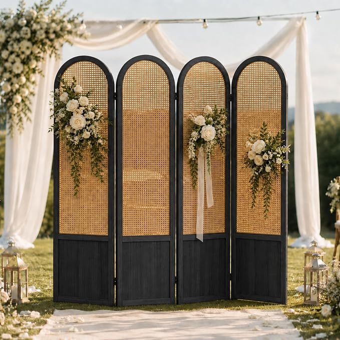 4 Panel Rattan Room Divider Screen, Boho Folding Privacy Screen | Decorative - Image 7