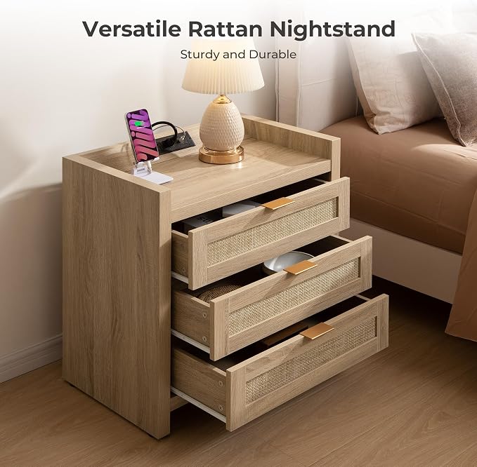 SICOTAS Rattan Nightstand for Bedroom, Tall Bedside Table - Image 3