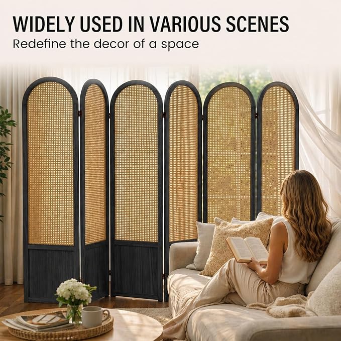 6 Panel Rattan Room Divider Screen, Boho Folding Privacy Screen | Decorative - Image 3