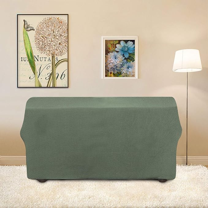 Easy-Going Stretch Loveseat Slipcover 1-Piece Sofa Cover Furniture Protector Couch Soft with Elastic Bottom for Kids Polyester Spandex Jacquard Fabric Small Checks (Loveseat, Greyish Green)