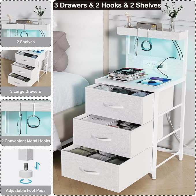 LED Night Stand with Charging Station Set of 2, 3 Fabric Drawer, End Side Table - Image 7