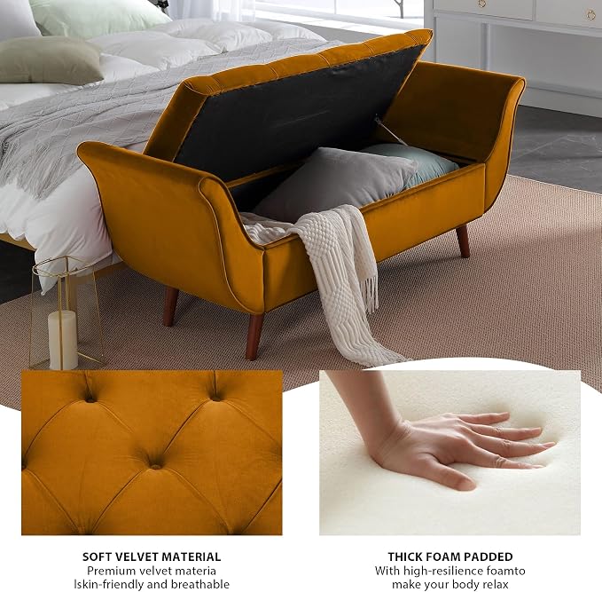 65" Velvet End of Bed Bench, Upholstered Seat - Image 5