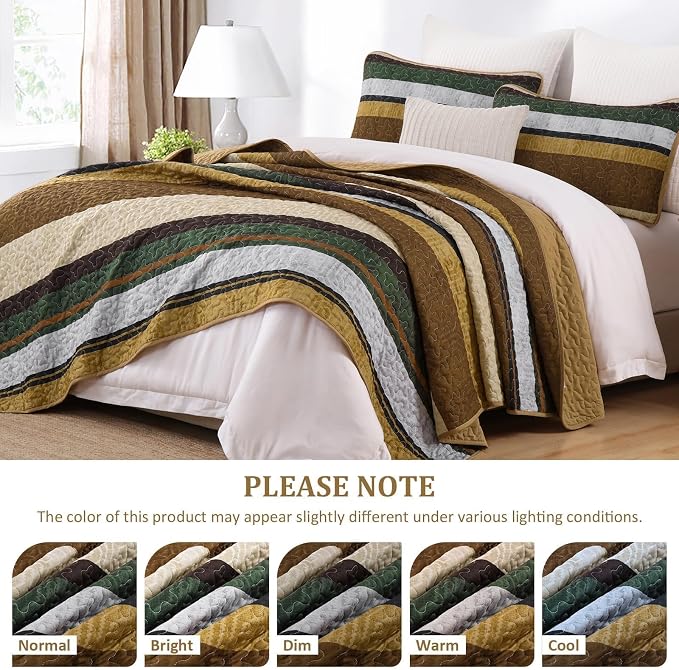 Dobuyly King Stripe Quilt Bedding Set, Boho Brown Lightweight Bedspread | - Image 6