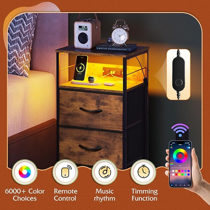 WLIVE Nightstand with Charging Station, 31.9" H Nightstand with 3 Fabric Drawers - Image 5
