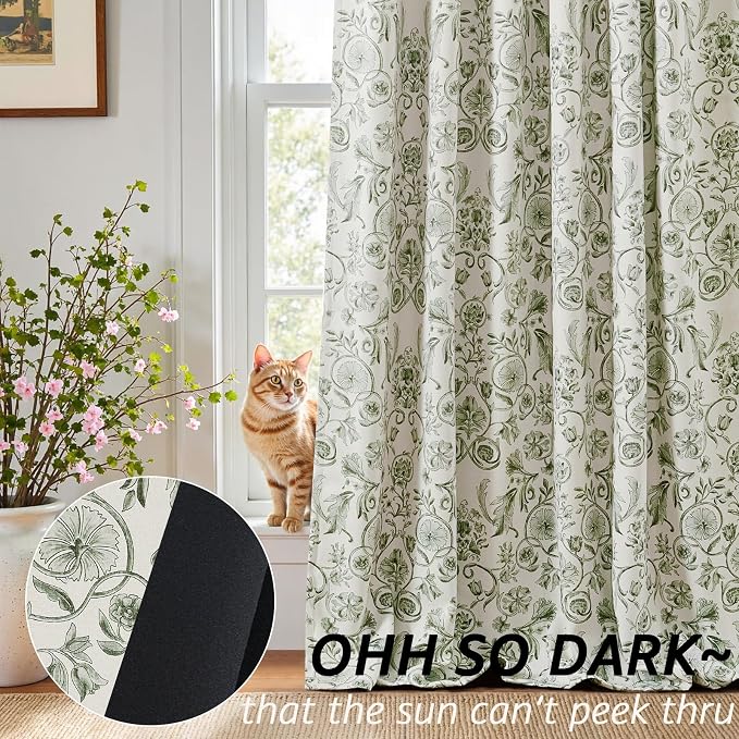 jinchan Green Floral Blackout Curtains 63 Inch Farmhouse Back Tab 2 Panels | - Image 3