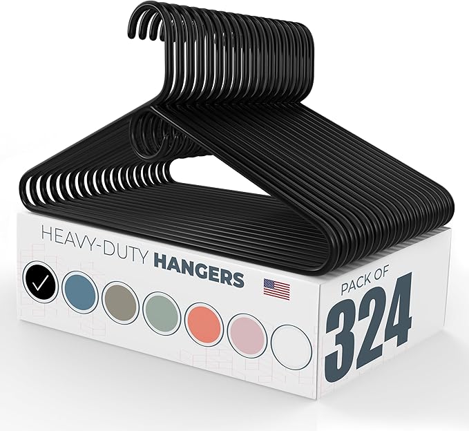 Neaties Heavy Duty Clothes Hangers 100+ Pack (324 Count) – Made in The USA – 8lb Capacity Plastic Hangers for Adult Clothing – Durable for Pants, Coats, Jackets, or Jeans – Black