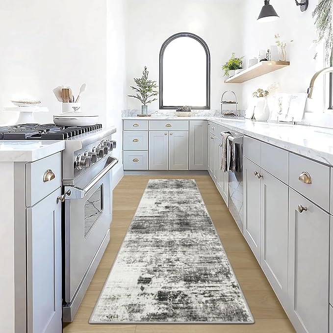 2'6''x8' Runner Rugs Washable Rug:Modern Abstract Hallway Black Grey Carpet | by GENTDRIZZ