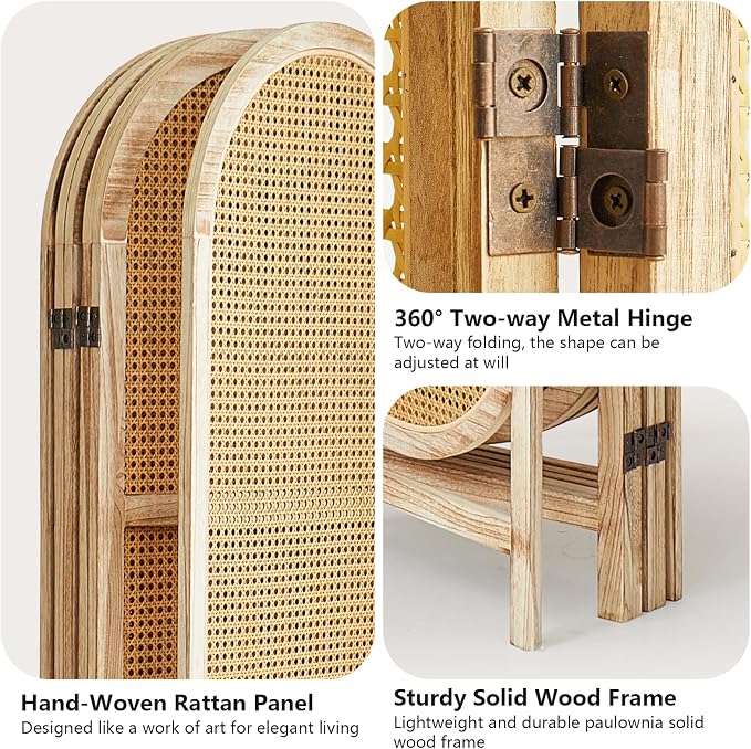 4 Panel Rattan Room Divider Screen, Boho Folding Privacy Screen | Decorative - Image 3