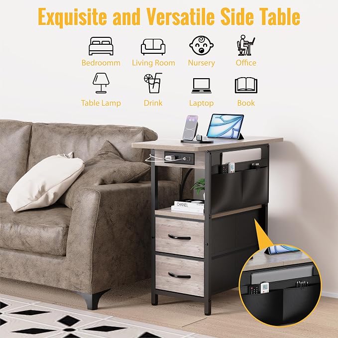 Yenlure Small Side Table with Charging Station, Narrow Nightstand Bedside - Image 5