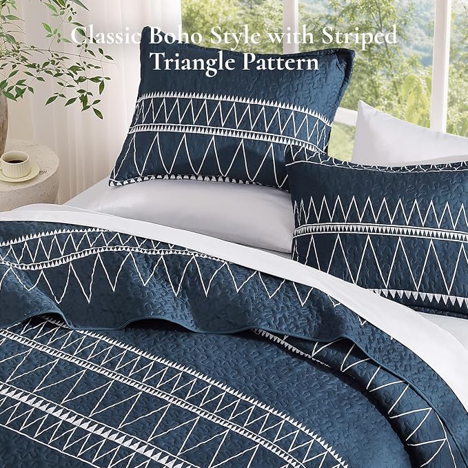 Navy Oversized Super King Quilt Set, 3 Pieces Striped Bedspread | Boho Soft - Image 4
