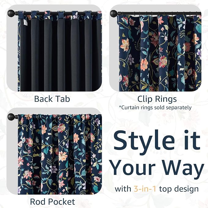 jinchan Dark Blue Floral Blackout Curtains 84 Inch Back Tab 2 Panels | Room - Image 6