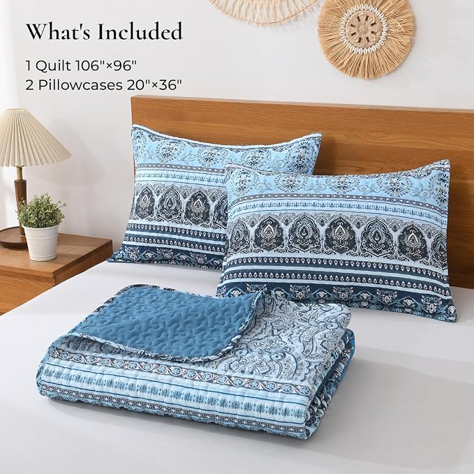Blue King Size Quilt Set, 3 Pieces Boho Striped Bedspread | Soft Lightweight - Image 8