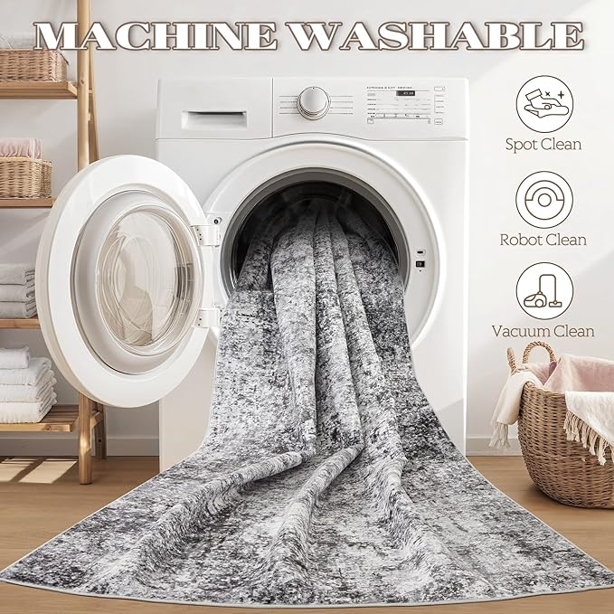 Washable Runner Rug for Hallway: 3x8 Neutral Modern Abstract Low Pile Area Rug with Non-Slip Backing - Carpet for Bedroom Kitchen Laundry Entryway Bathroom Indoor - Grey