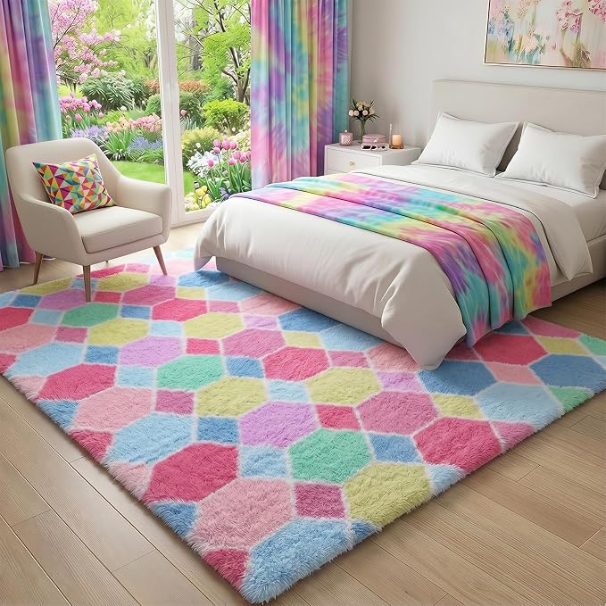 Checkered 6x9 Area Rugs for Living Room, Fluffy Pink Rainbow Colorful Rug for - Image 5