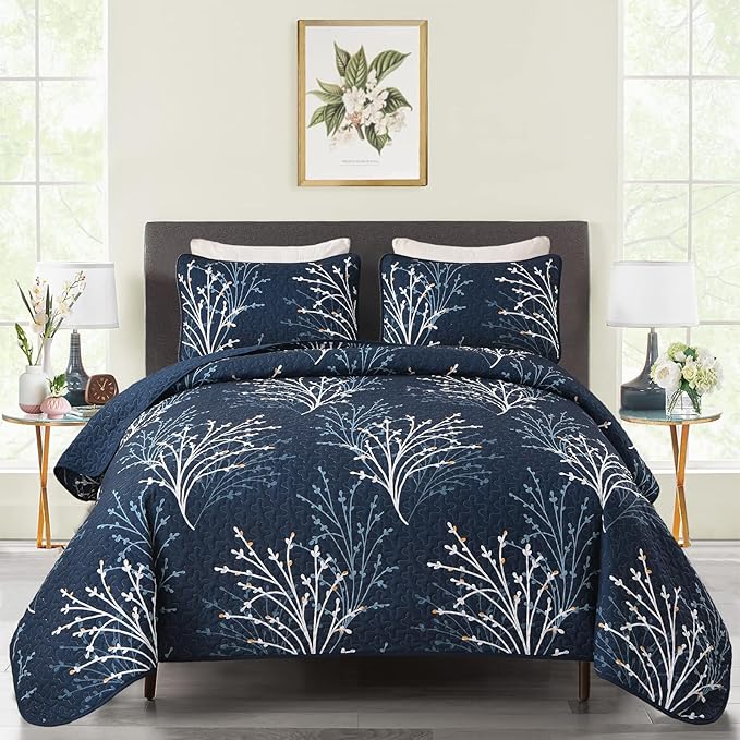 DJY Navy Quilt Set King Size Branch Botanical Bedspread Coverlet Set | 3 Pieces by HOME