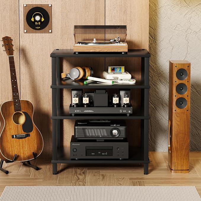4-Tier AV Media Player Stand, Black Stereo Cabinet, Modern Stereo Cabinet, Wooden TV Stand,Game Console Shelf, Multifunctional Entertainment Center, Suitable for Home, Conference Room, Game Studio