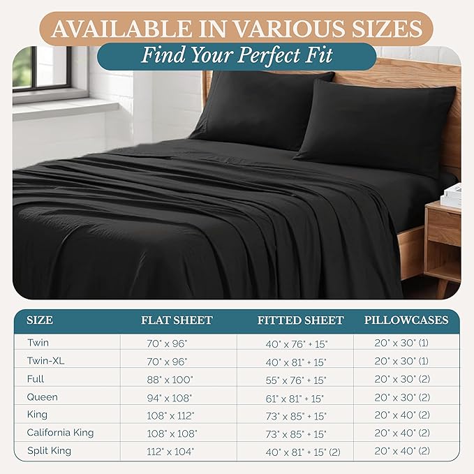 Casa Platino Split King Sheets, 4 Piece Set, Pre-Washed Ultra Soft Bed Sheets Set, Brushed Microfiber Split King Bedding Sets, Split King Size Sheets with 15 inch Deep Pockets - Black