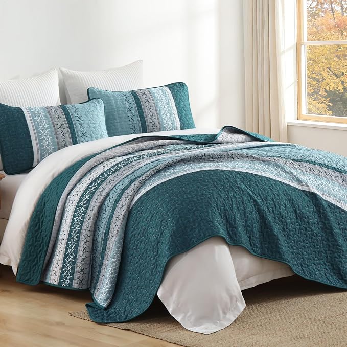 Cottolester Teal Quilt Set King Size, Soft Striped Texture Quilt Set 3 Pcs | - Image 9