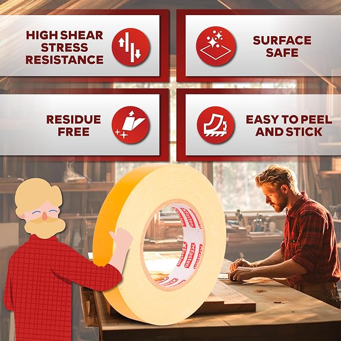 XFasten Double Sided Woodworking Tape 1 Inch x 108 Feet (3-Pack), Residue-Free, Removable Double Sided Woodworking Masking Tape for Wood Template, Mounting Boards MDF Edge Banding, Routing, Anchoring