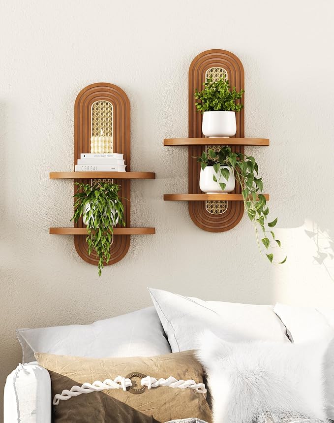 Floating Shelves for Wall, Boho Home Wall Decor, 2-Tier Rattan Plant Shelf - Image 8