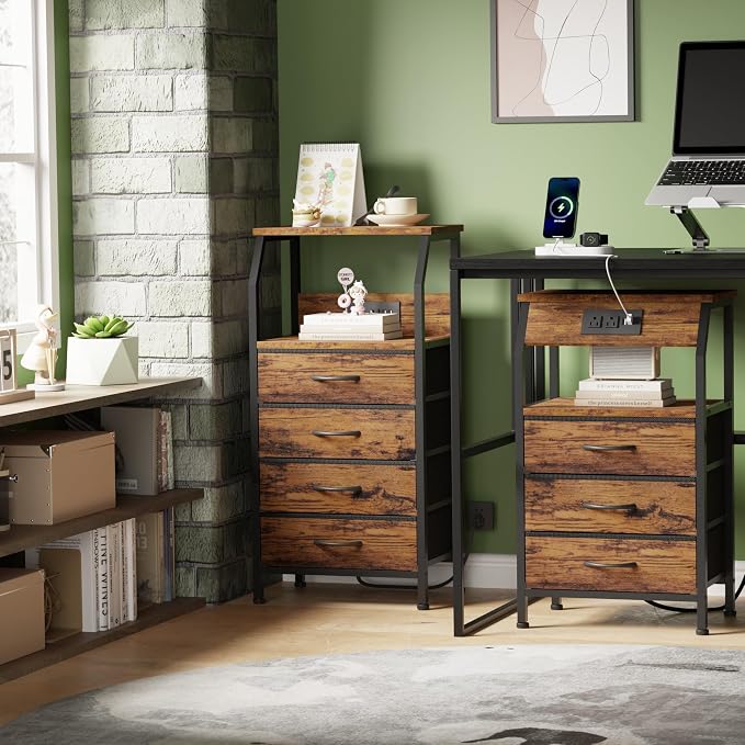 Night Stand with Charging Station, 4 Drawers Tall Bedside Table | Small Rustic - Image 5