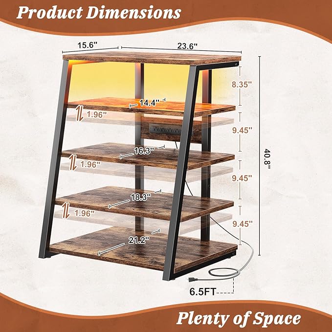 Armocity 5-Tier AV Media Stand with Power Strips, Media Console with LED Lights, Audio Tower Rack with Adjustable Shelves, Stereo Stands and Racks, 40.8'', Rustic Brown