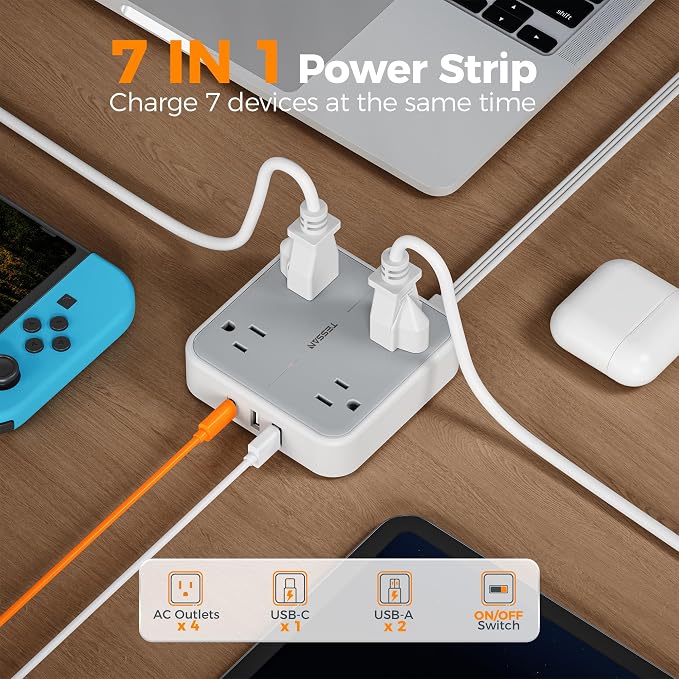 TESSAN Surge Protector Flat Extension Cord 10Ft, Flat Plug Power Strip | 4 - Image 2