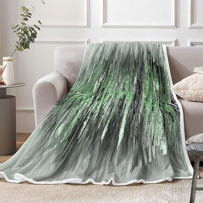 Abstract Throw Blankets, Modern Green Gold CrackNon Cozy Warm Bed Couch Blanket, Stripe Contemporary Abstract Painting White Fleece Flannel Throws to Decorate The Room and Bedroom