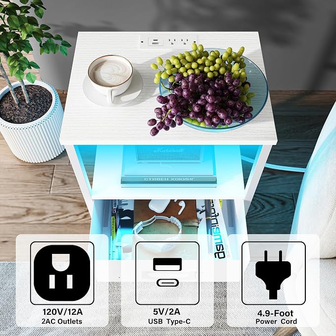 TUTOTAK Nightstands Set of 2, LED End Table - Image 4