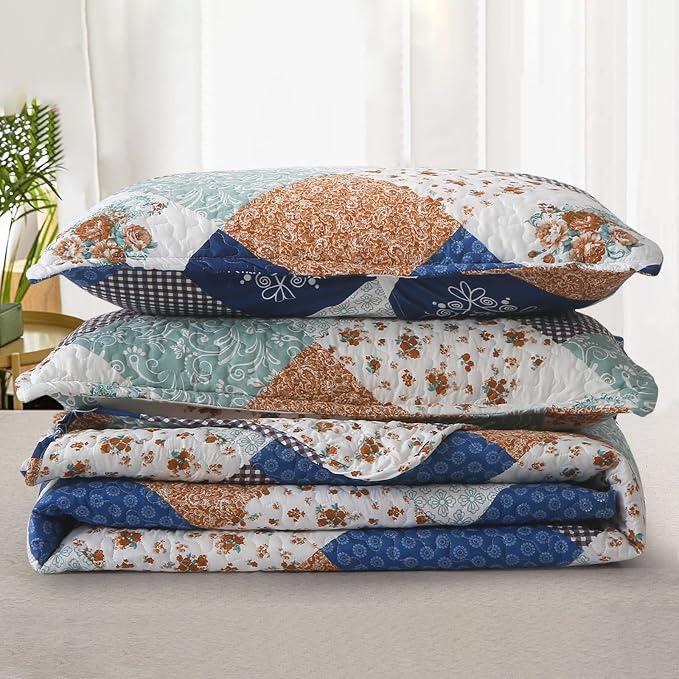 Dinjoy Patchwork Quilt Set Full Size, Reversible Blue Floral Bedspreads | - Image 7
