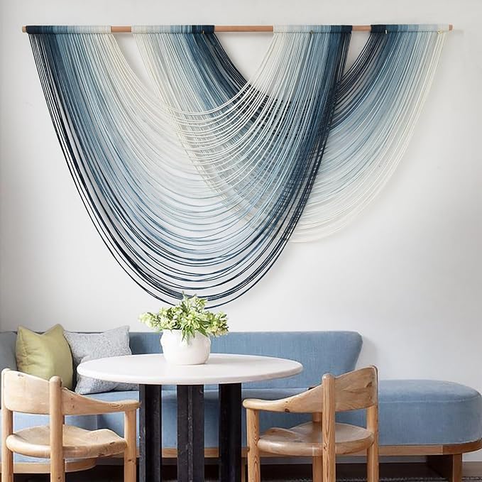 Macrame Wall Hanging Large handmade Navy Blue Ombre Fiber Art 57"W*39"L | - Image 4