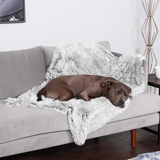 Furhaven Waterproof Throw Blanket for Dogs & Indoor Cats, Washable - Shaggy Plush Calming Long Faux Fur & Velvet Dog Blanket - Mist Gray, Large
