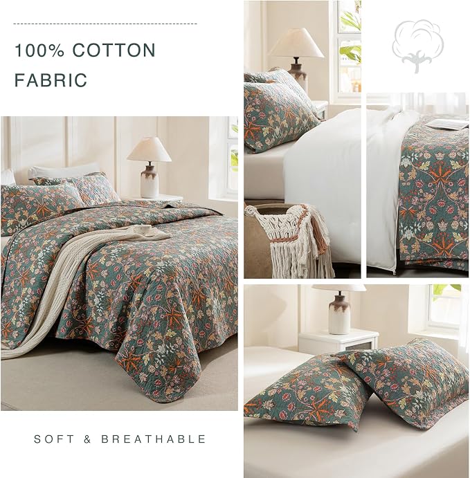 QSH 3Pcs Floral King Quilt Set -100% Cotton Quilt King Size Bedding Set Luxury - Image 6