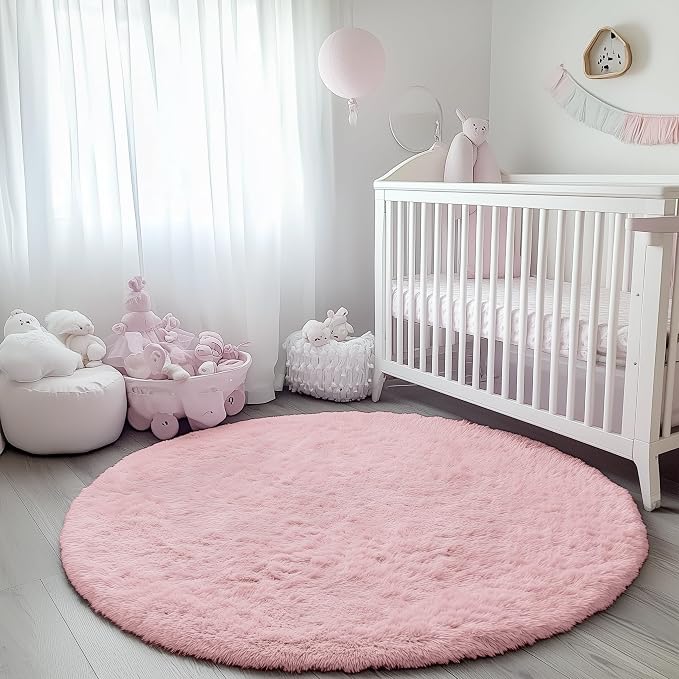 Light Pink Fluffy Round Rug 4ft - Image 8