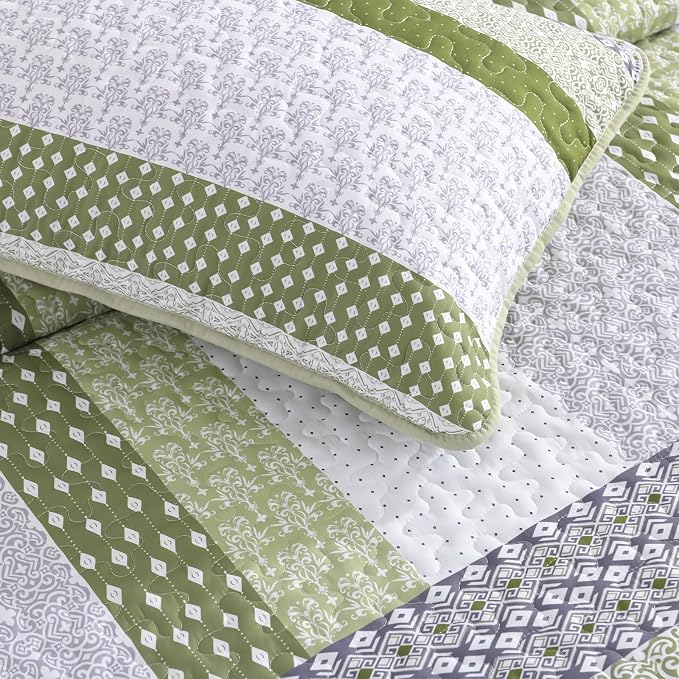 WONGS BEDDING Quilt Queen Size Olive Green, Bohemian Stripe Bedspread | 3 - Image 6