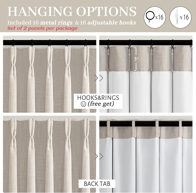 PleatedDrapes Double Layer Thick Linen Greyish Beige 96 Inch Curtains 2 Panels - Image 8