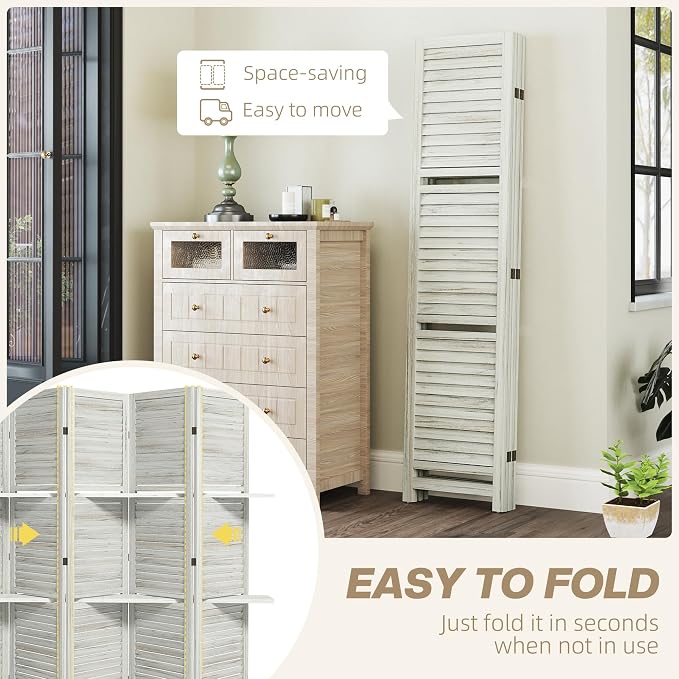 HOMCOM Room Divider with Shelves, 5 Panel, Distressed White | Wood Privacy - Image 4