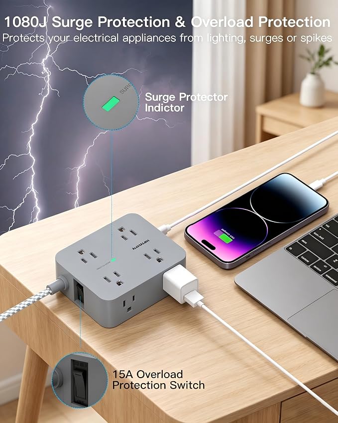 HANYCONY 6Ft Surge Protector Power Strip USB C, 8 Outlet Extender | Extension - Image 3
