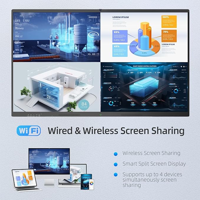 QIXZOCV 85" Smart Board, 4K UHD Interactive Board, 20-Point Touch, Android 13, 8GB & 128GB, Screen Sharing, Bluetooth/WiFi/HDMI, All-in-One Meeting & Education Solution (Wall Mount Included)
