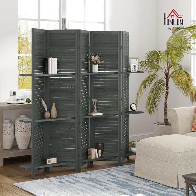 HOMCOM Room Divider with Shelves, 5 Panel, 3 Display Shelves, Folding Storage - Image 2