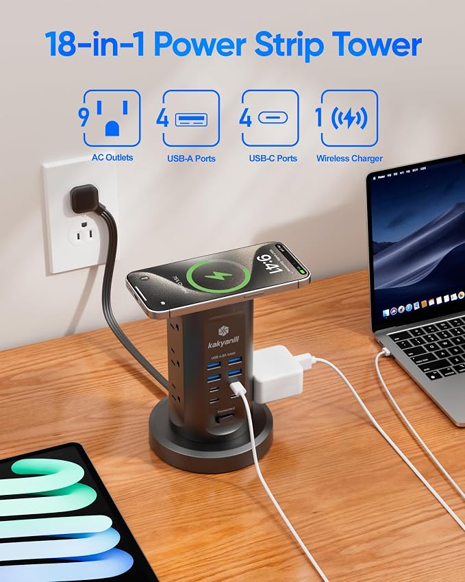 Power Strip Tower, kakyanill Charging Station 9 AC Outlets 8 USB Ports | 6 Ft - Image 3