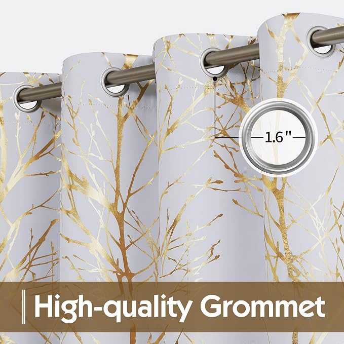 FMFUNCTEX 100% Blackout Ivory Gold Foil Tree Curtains 84 Inch 2 Panels | - Image 3