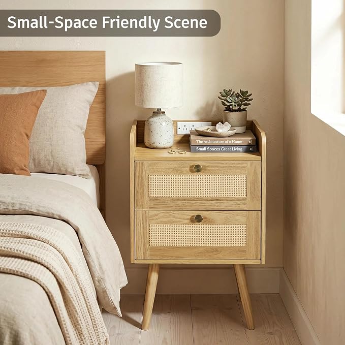 Rattan Nightstand with Charging Station, Bedside Table with 2 Drawers | Night - Image 6