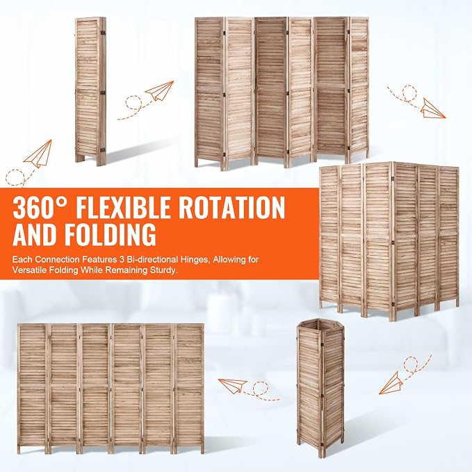 VEVOR Wood Room Divider, 6 Panel Wood Folding Privacy Screen, 66.9 Inches Tall - Image 3