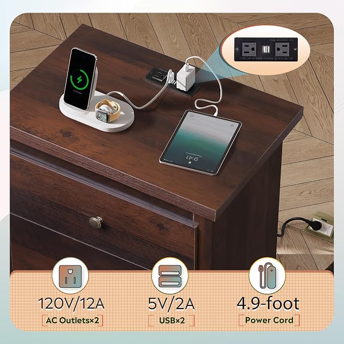 WLIVE Tall Nightstand with Charging Station, Wood Night Stand with 3 Drawers - Image 4