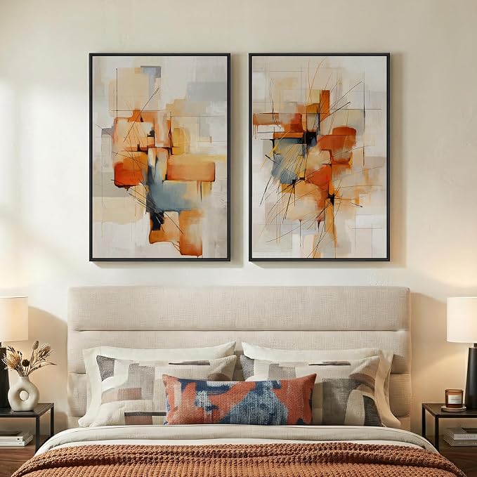 Large Framed Blue Orange Block Abstract Wall Art - Image 2