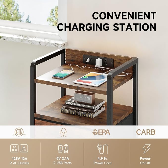 Lazzanto Nightstand with Rear Charging Station, LED Light, 4 Drawers, 2 USB-A - Image 5