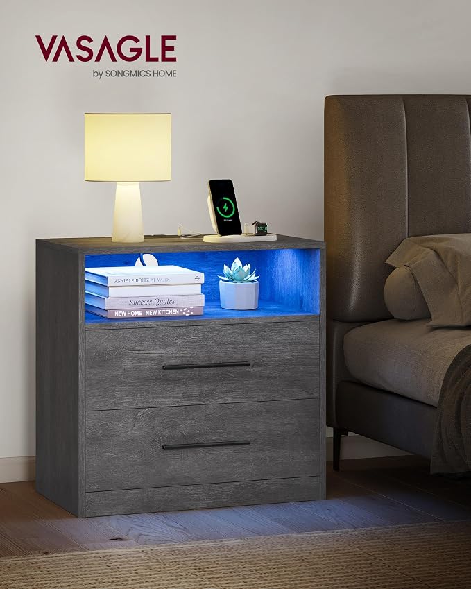 VASAGLE 23.6 Nightstands, LED Lights, Charging Station, 2 Drawers | LED Lights - Image 3